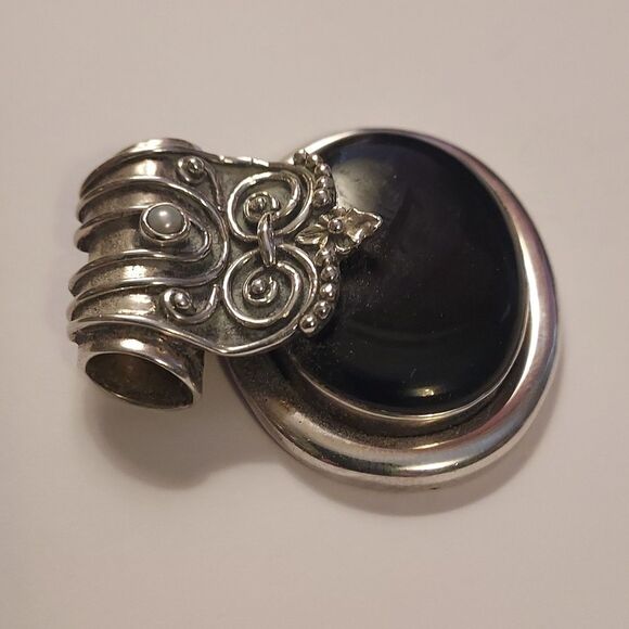 Cameo Marcasite Mother Of Pearl Black Onyx Small Pendant  Vintage Sterling Silver and Black Onyx Pendant with small pearl